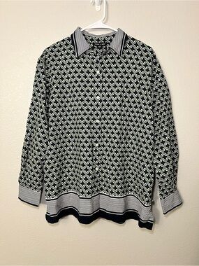 Nautica Jeans Button Front Blouse Small Navy Green Geometric Linen Blend Look